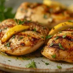 Pollo Ajo Limón servido con cebolla y perejil fresco.