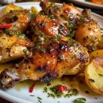 Trozos de pollo crujiente rodeados de patatas y ajos asados.