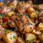 Estofado de pollo servido con trozos de patatas y zanahorias en la mesa.