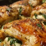Deliciously prepared chicken breasts with visible spinach and tomato slices.