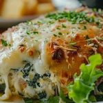 Primer plano de Pollo Relleno, revelando el relleno de espinaca y queso, con una presentación apetitosa.