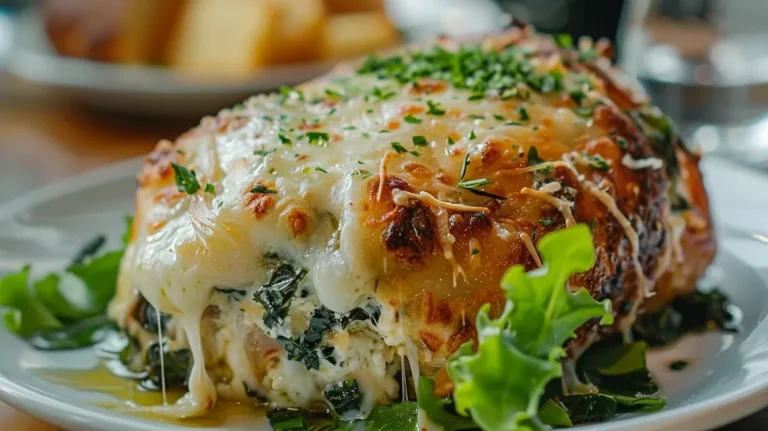 Primer plano de Pollo Relleno, revelando el relleno de espinaca y queso, con una presentación apetitosa.
