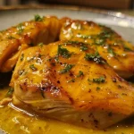 Pechuga de pollo dorada, cubierta con una mezcla de miel y mostaza sobre una mesa.