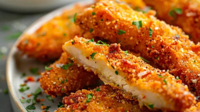 Primer plano de tiras de pollo al horno, con textura crujiente.