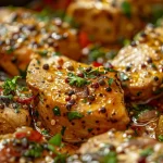 Pollo cocido en salsa de cerveza rodeado de hierbas frescas.