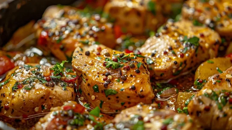 Pollo cocido en salsa de cerveza rodeado de hierbas frescas.