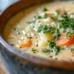 Tazón de Sopa Cremosa de Verduras, con zanahorias y pimientos visibles en la mezcla.