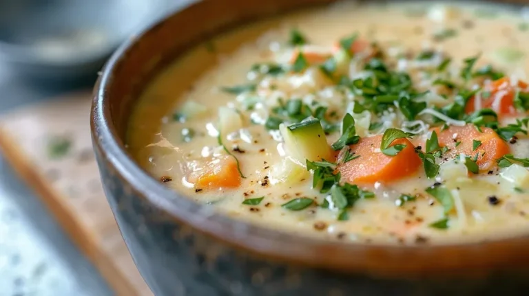 Tazón de Sopa Cremosa de Verduras, con zanahorias y pimientos visibles en la mezcla.