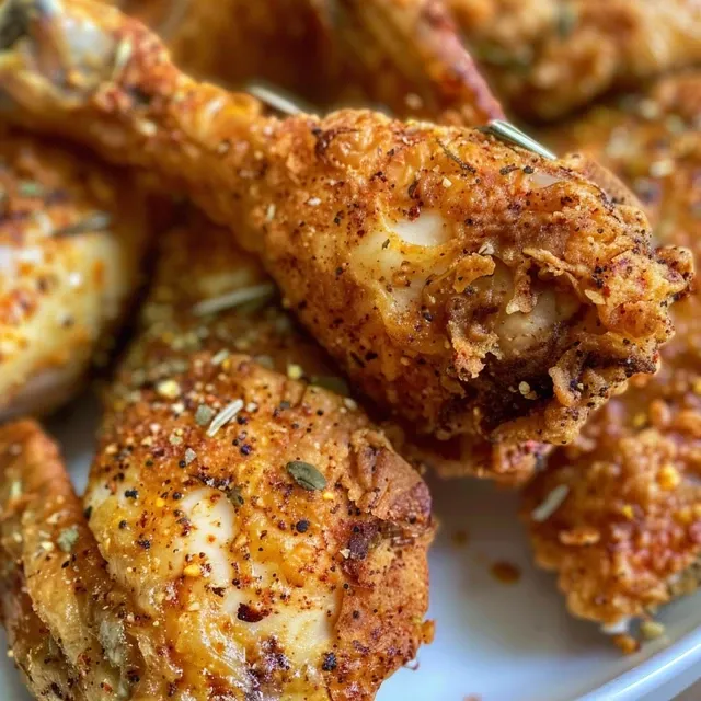 Pollo frito con piel dorada, enfatizando su frescura y apariencia apetitosa.