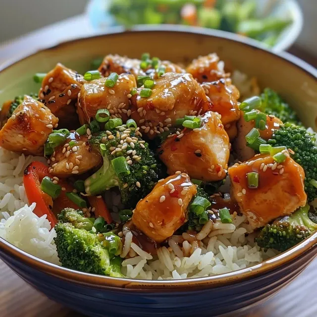 Imagen de un delicioso tazón de pollo teriyaki con arroz y verduras.