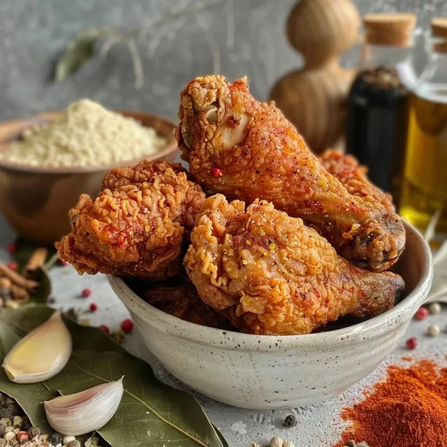 Detalle de pollo frito dorado y crujiente, servido en una mesa.