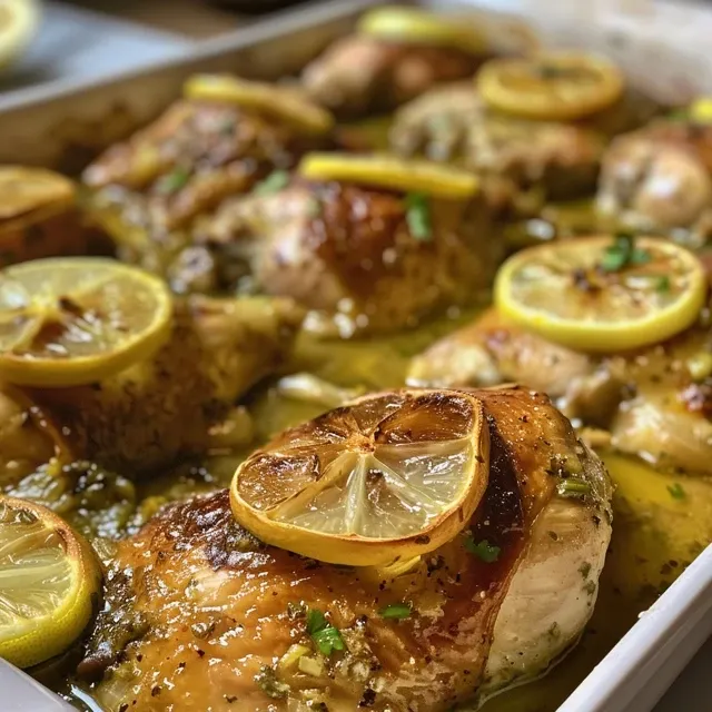 Vista lateral de una pieza de pollo con salsa de limón y ajo, decorada con perejil.