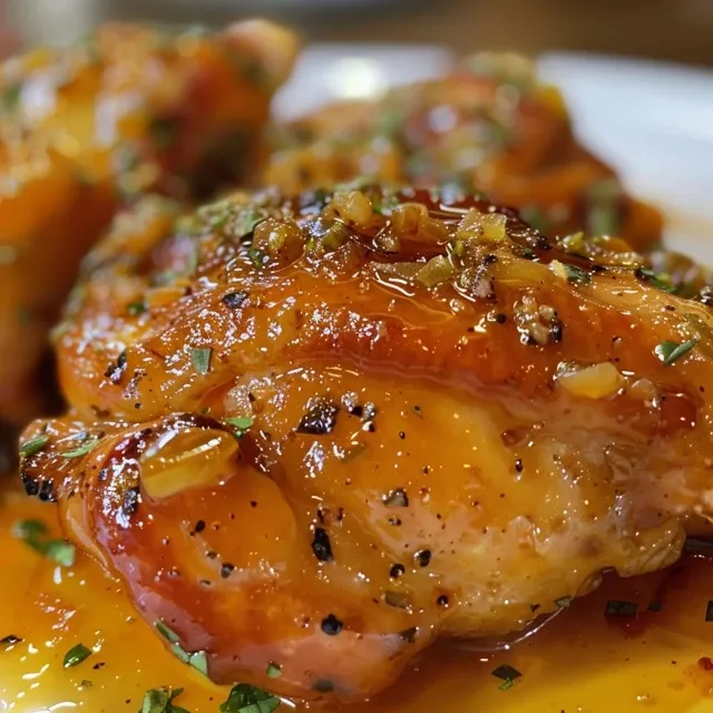 Pechuga de pollo presentada en un plato con salsa de naranja y especias.