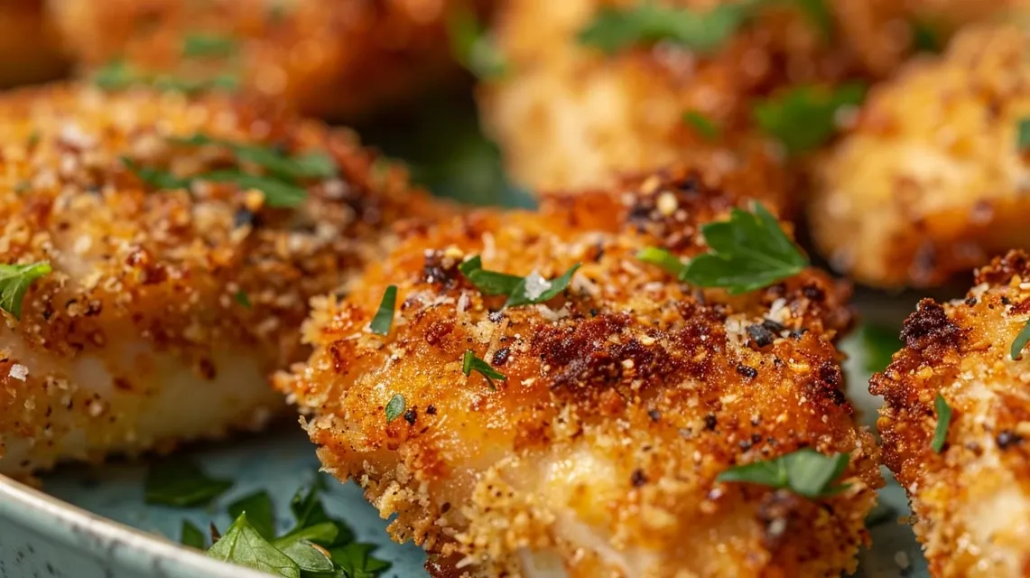 Pollo empanado jugoso con pan rallado dorado, listo para disfrutar.