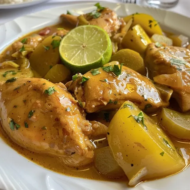 Imagen vibrante de Pollo guisado, resaltando papas y arvejas en un plato tradicional.