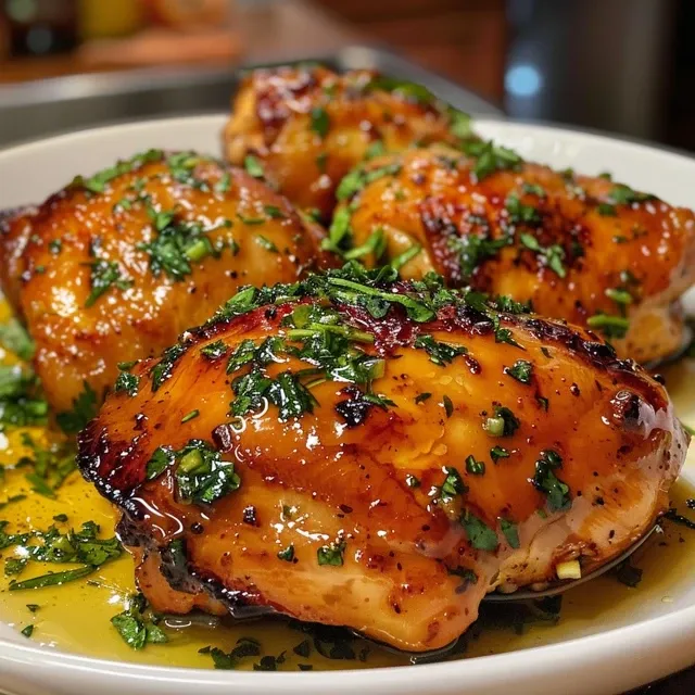 Pechugas de pollo glaseadas con mostaza y miel, con fondo desenfocado.