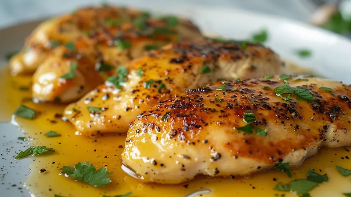 Detalle de Pollo Mostaza Miel servido con perejil.