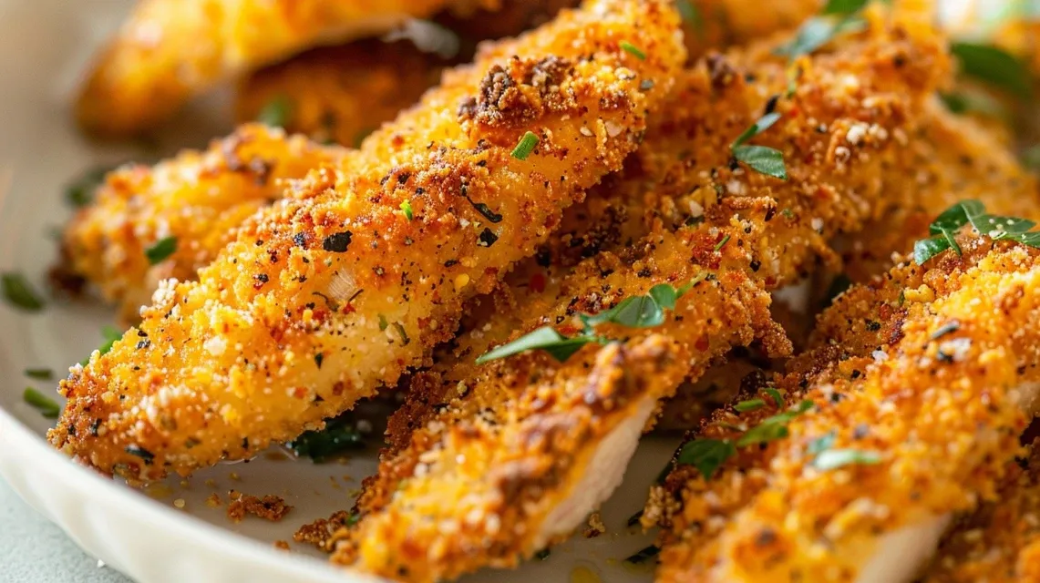 Tiras de pollo crujientes en un plato, con un fondo difuso.