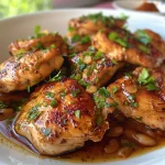 Vista lateral de Adobo de pollo con cebolla de verdeo decorativa.