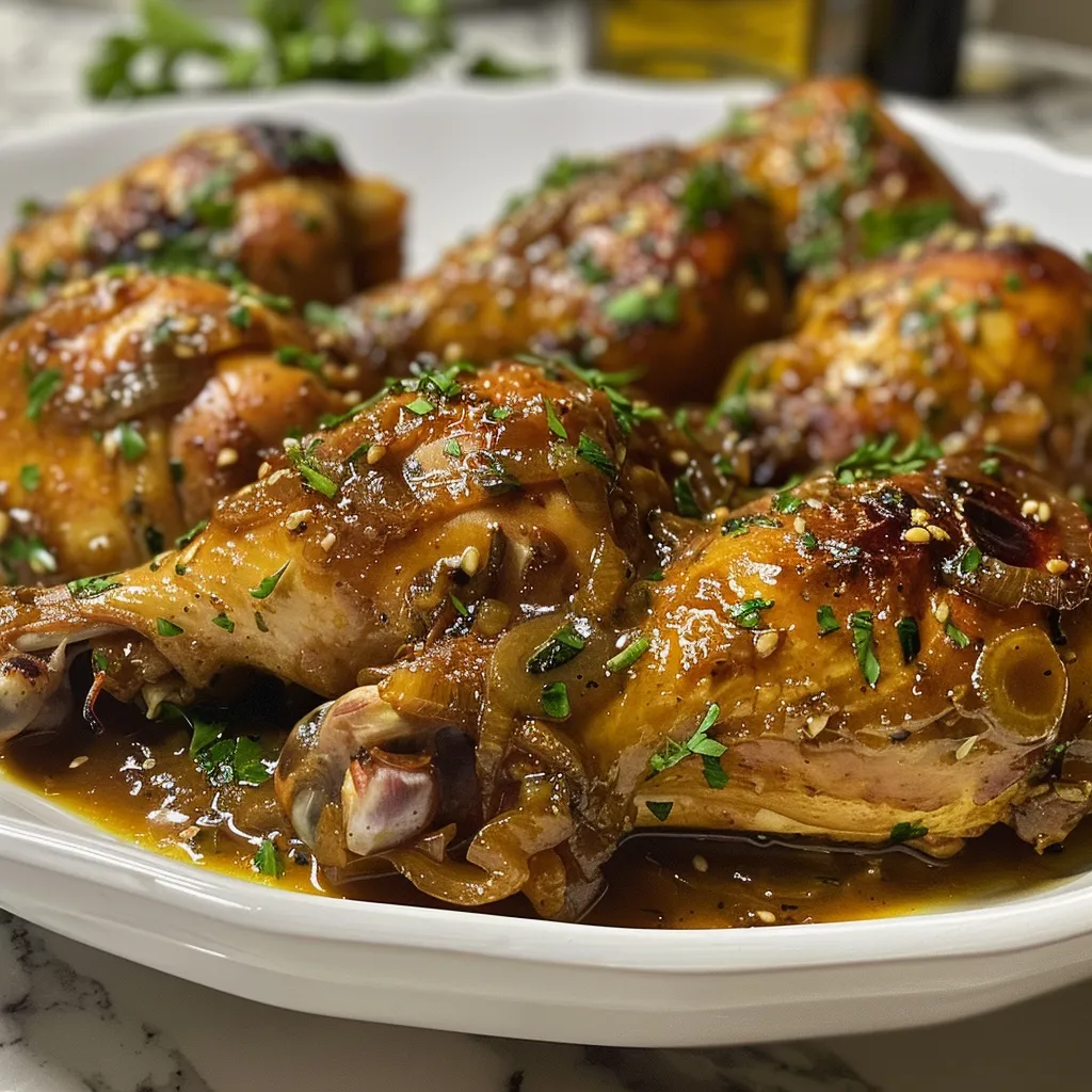 Plato de Adobo de pollo con ingredientes visibles, en un fondo neutro.