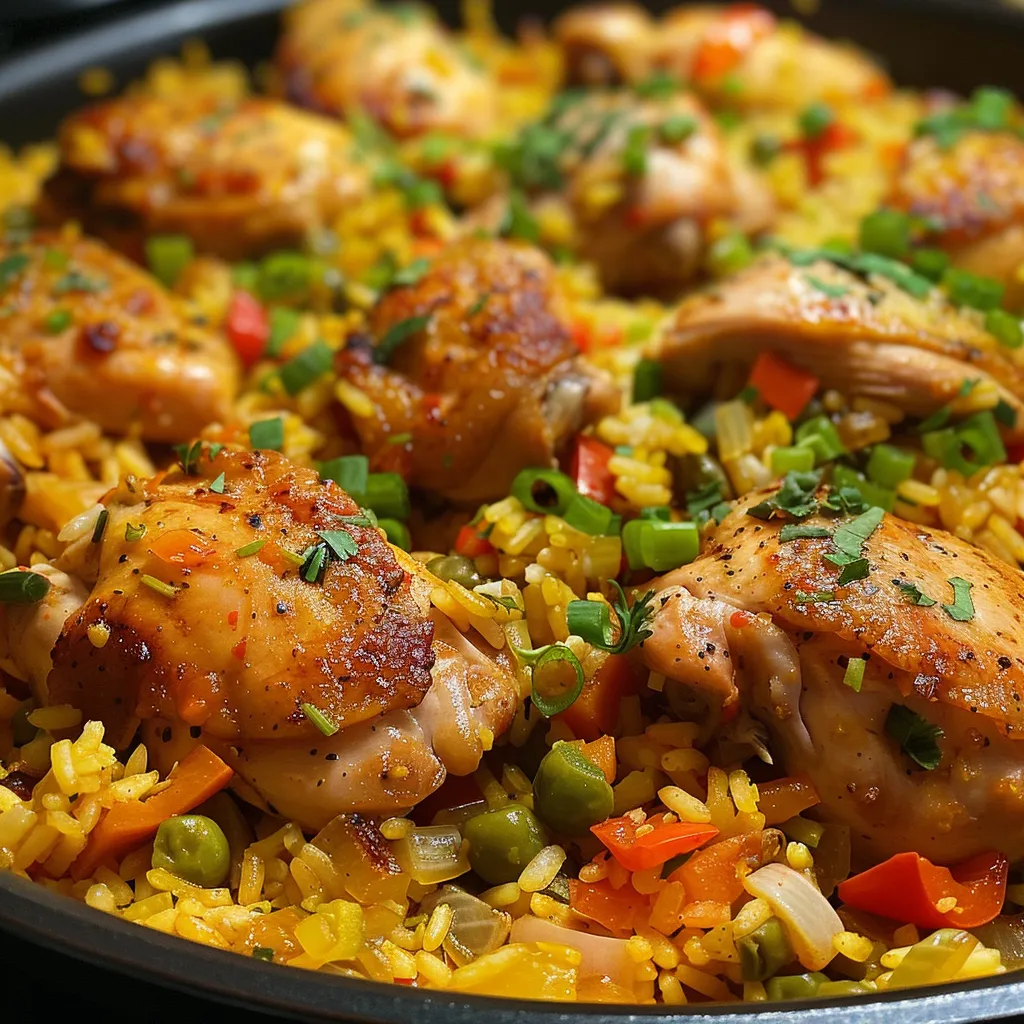 Plenitud de colores en un plato de Arroz con Pollo, resaltando el pollo y los vegetales.