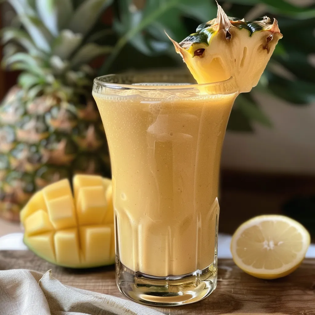 Batido saludable de piña y jengibre en un fondo sencillo, con semillas de chía visibles.