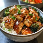 Tazón con pollo, verduras y salsa teriyaki, visto de lado.