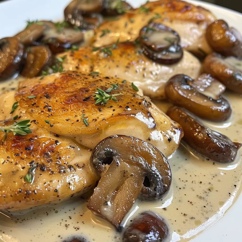 Imagen de un delicioso plato de crema de pollo con champiñones, presentado en un tazón hondo.