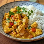 Tazón con curry de pollo suave, decorado con cilantro fresco.