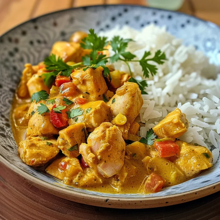 Tazón con curry de pollo suave, decorado con cilantro fresco.