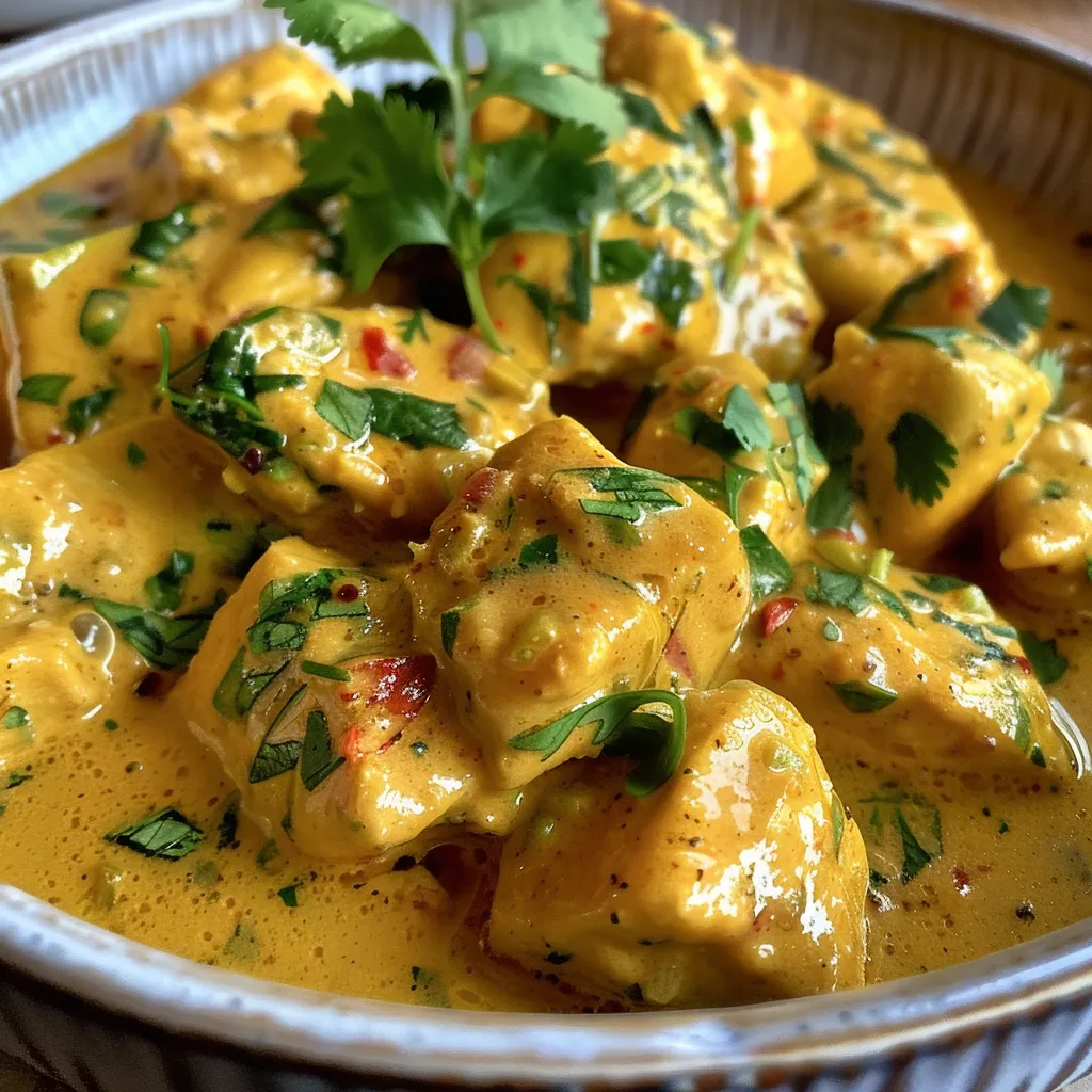 Placa de curry de pollo suave con leche de coco, especias y pollo en cubos.