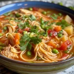 Juicy Chicken Fideo with colorful carrots, peas, and tomatoes, captured in a close-up shot.