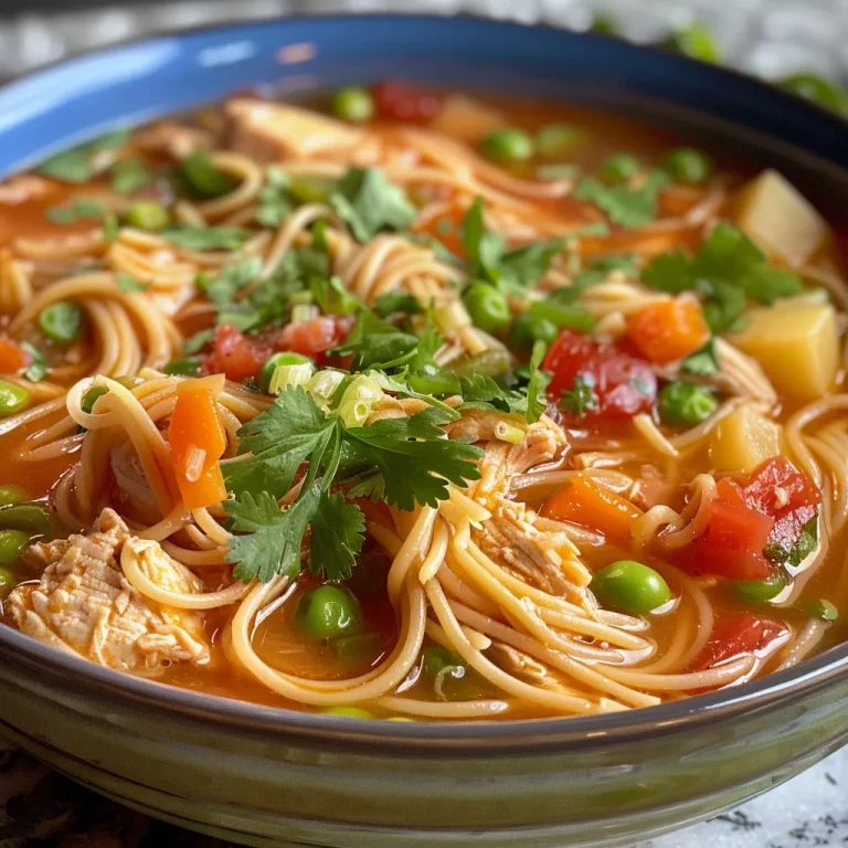 Juicy Chicken Fideo with colorful carrots, peas, and tomatoes, captured in a close-up shot.