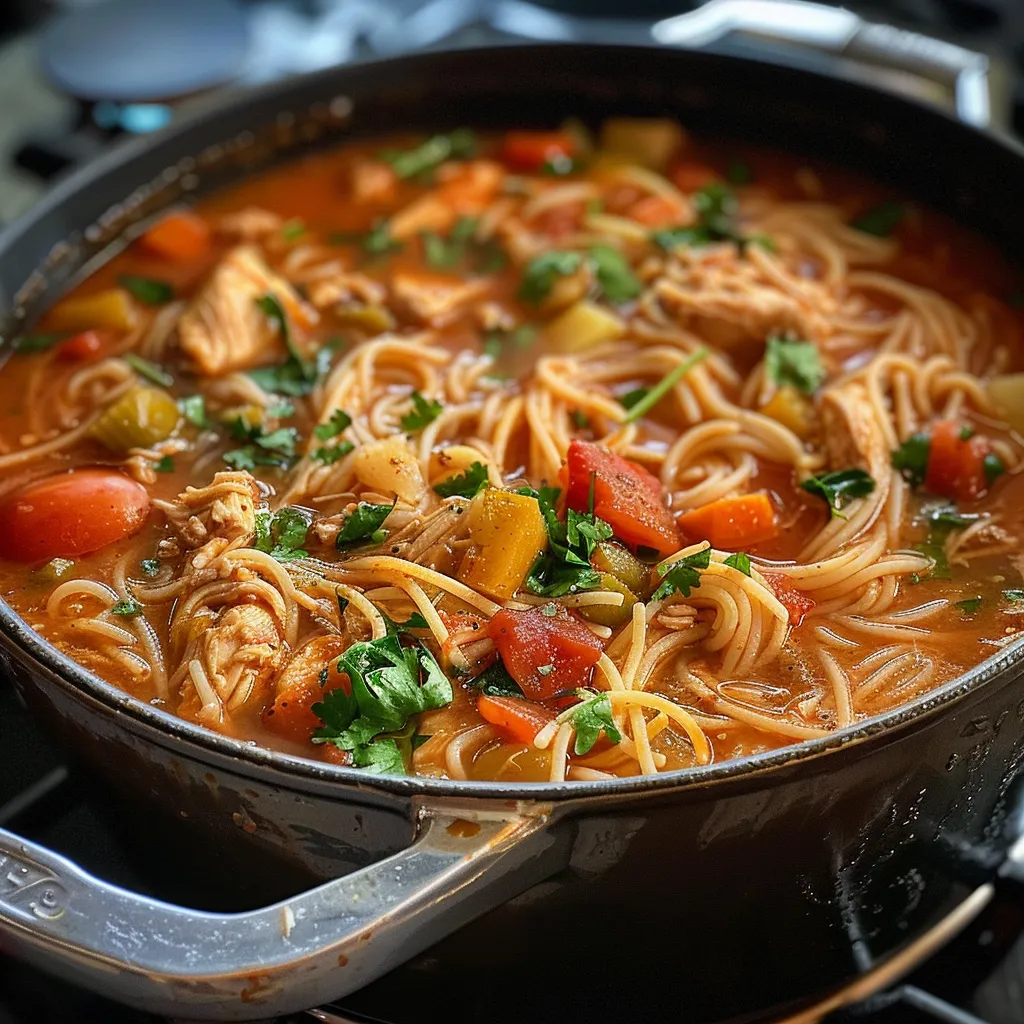 Tasty Chicken Fideo featuring golden pasta and juicy chicken, garnished with cilantro and tomatoes.