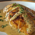Filete de pollo tierno bañado en salsa cremosa, servido en un plato blanco.