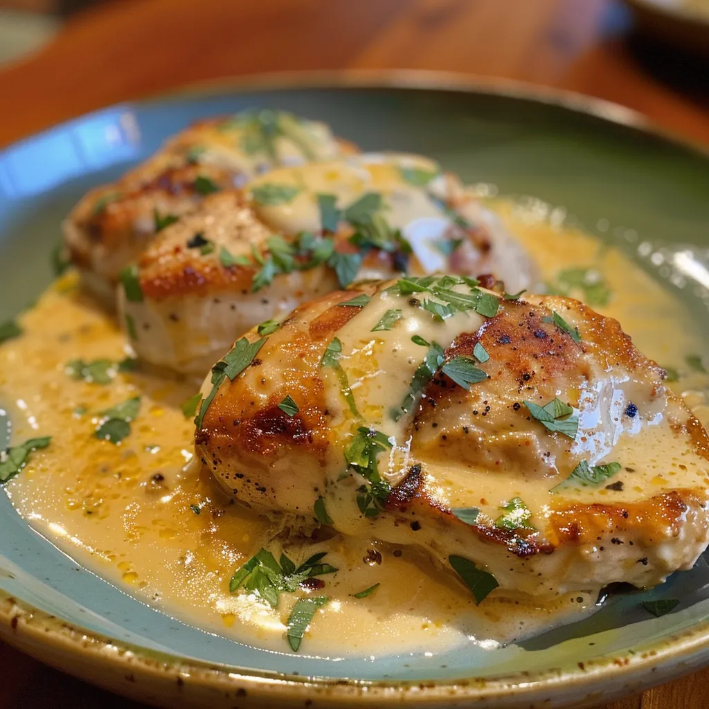 Vista lateral de un filete de pollo en salsa de ajo y parmesano, con ingredientes frescos alrededor.