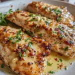 Filete de pollo jugoso en una salsa de ajo-parmesano, decorado con perejil fresco.