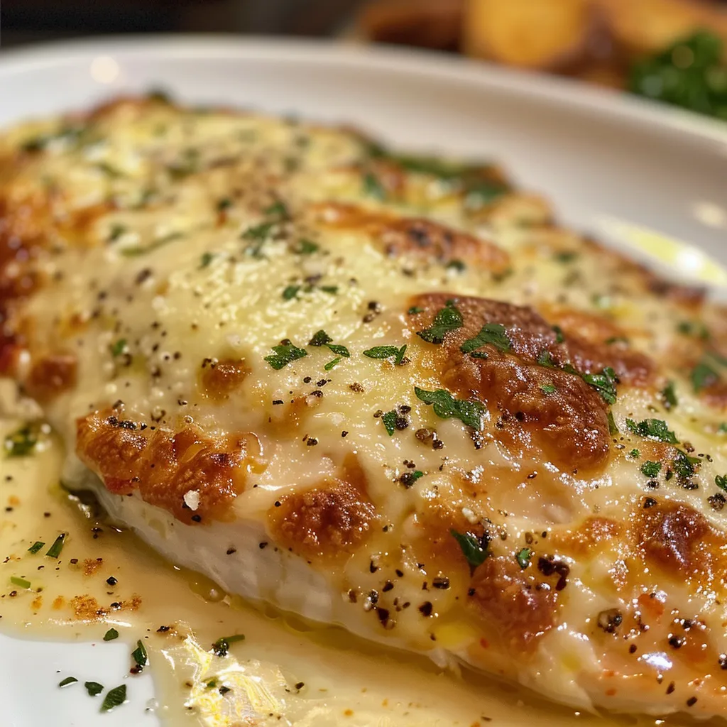 Vista lateral de un plato de filete de pollo en salsa cremosa, acompañado de papas fritas.