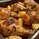 Vista lateral de muslos de pollo al horno servidos con rodajas de patatas.