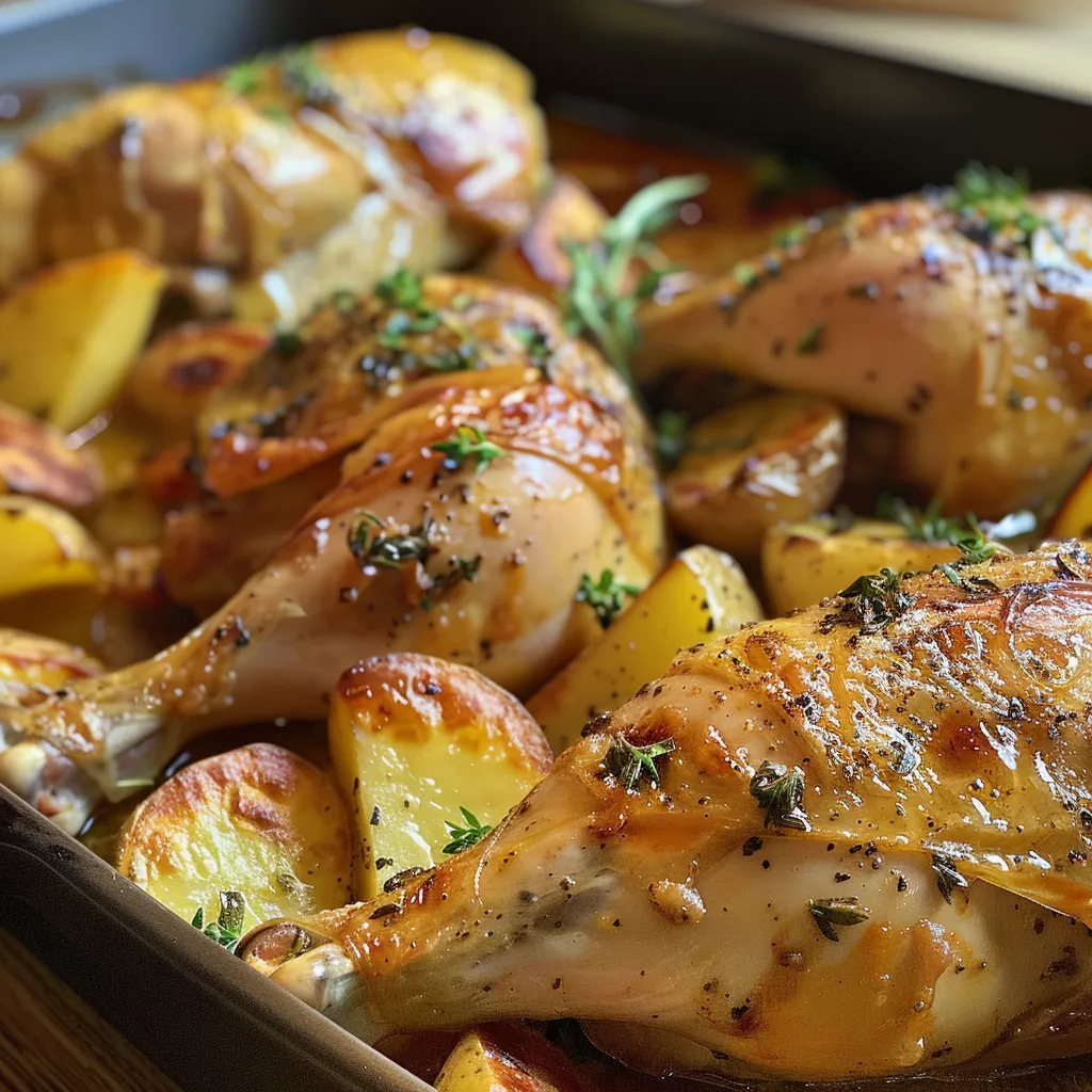 Muslos de pollo glaseados con cervezas, acompañados de patatas y cebolla.