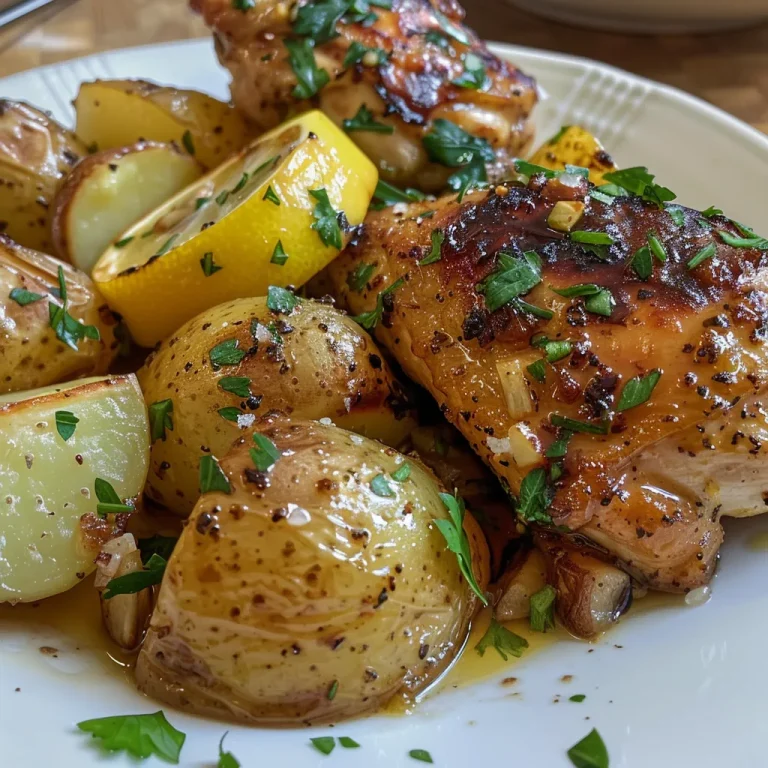 Platos de muslos de pollo al limón acompañados de papas asadas.