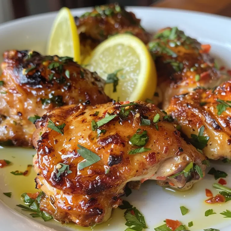 Primer plano de muslos de pollo cocinados, con ajo picado y limón decorando.