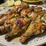 Muslos de pollo marinados, jugosos y cocinados a la plancha.