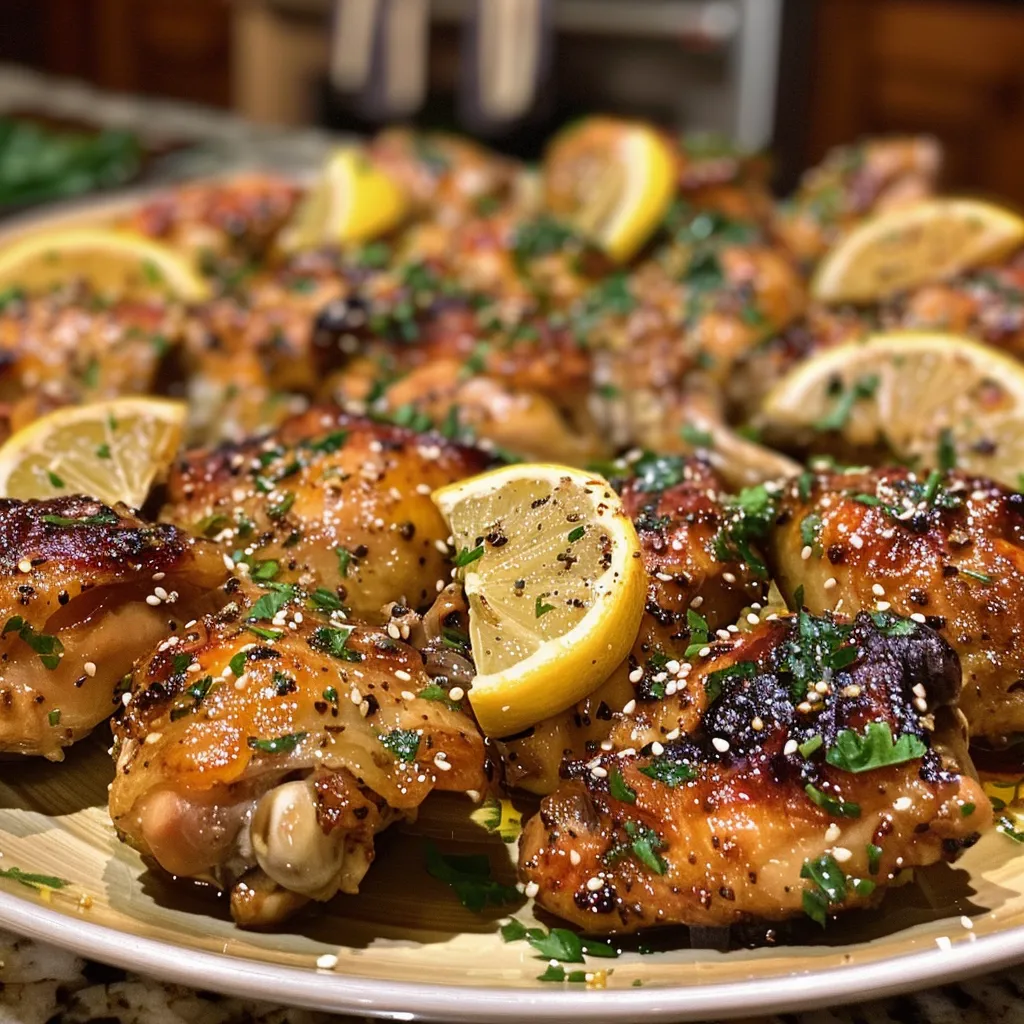 Placa de muslos de pollo con hierbas frescas y limón.