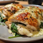 Detalle de una pechuga de pollo rellena, jugosa y apetitosa.