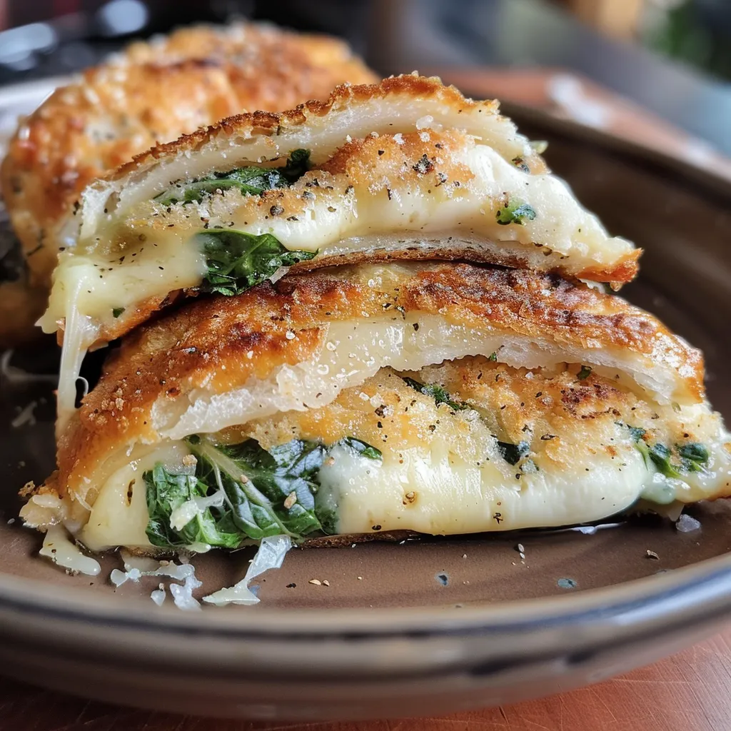 Detalle de pechuga de pollo con relleno cremoso, sobre fondo blanco.