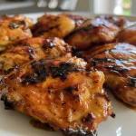 Pollo a la BBQ cocinado, con glaseado y hierbas visibles.