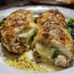 Pechugas de pollo doradas y jugosas, con un relleno visible de espinacas y queso.