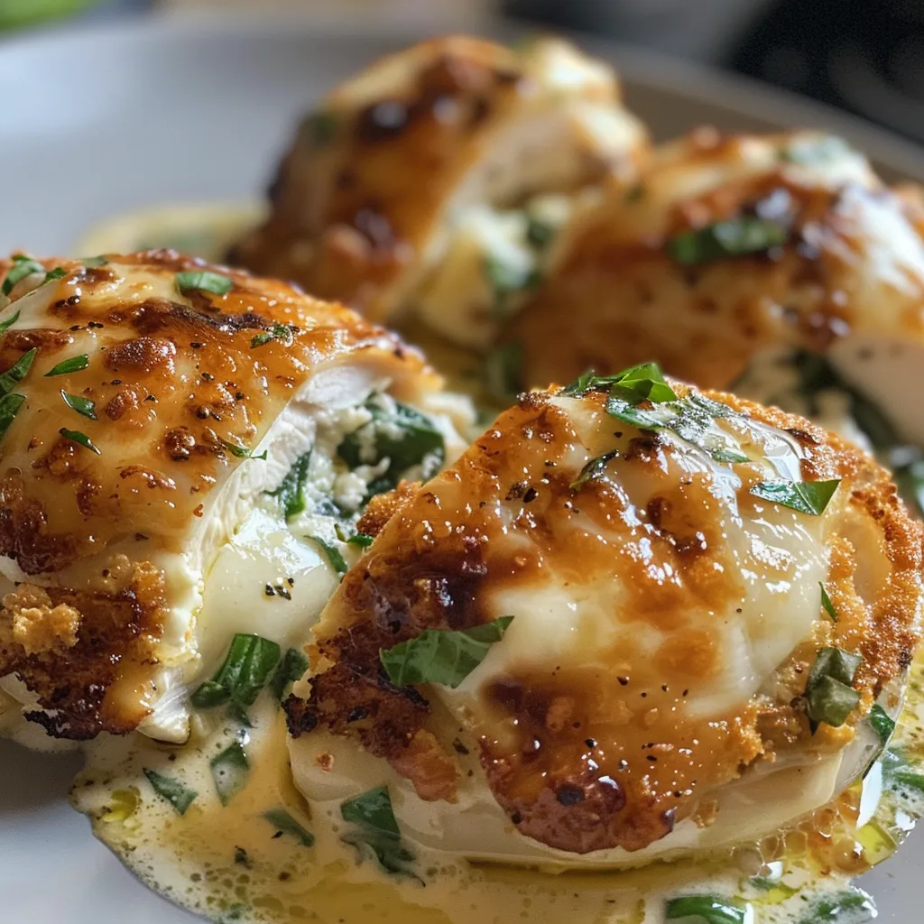 Pechugas de pollo rellenas cocinadas, servidas en un plato con hierbas.