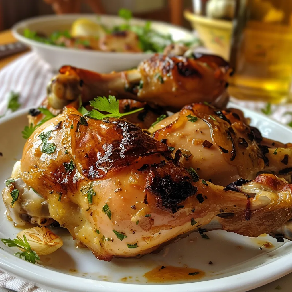 Pollo a la Cerveza cocinado con hierbas frescas y especias, servido en un plato atractivo.